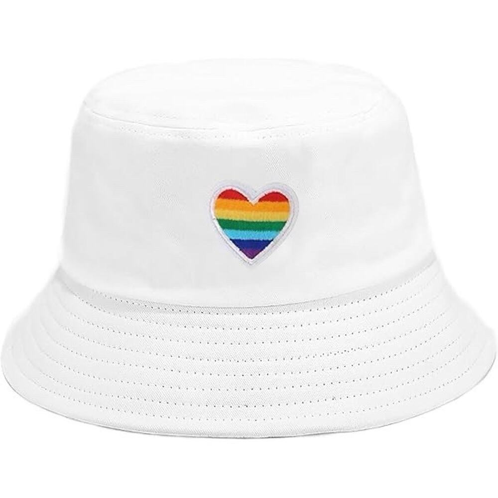 Embroidery Bucket Hat Cotton One Size, Rainbow Pride White